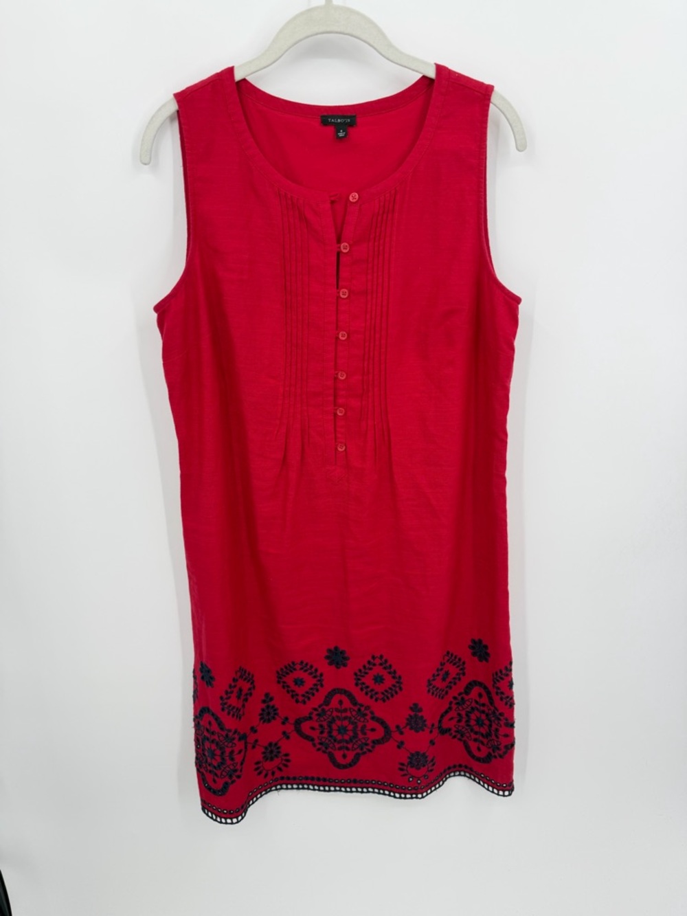 Talbots‎ Sleeveless Shift Dress 6 Red Linen blend Knee Length blue embroidered
